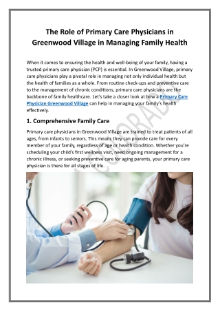 The Role of Primary Care Physicians in Greenwood Village in Managing Family Health