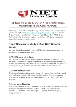 Top Reasons to Study BCA in NIET Greater Noida Opportunities and Career Growth