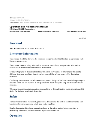 Caterpillar CAT M318 EXCAVATOR (8AL01020-UP) Operation and Maintenance Manual Instant Download