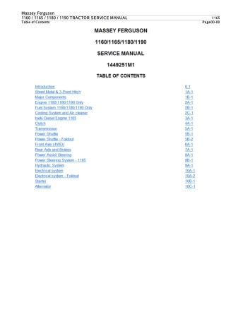 Massey Ferguson 1160  1165  1180  1190 Tractor Service Repair Manual Instant Download (Part No. 1449251M1)