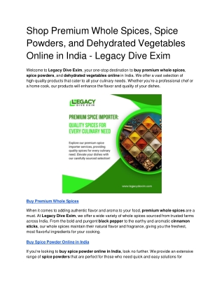 Shop Premium Whole Spices, Spice Powders, and Dehydrated Vegetables Online in India - Legacy Dive Exim