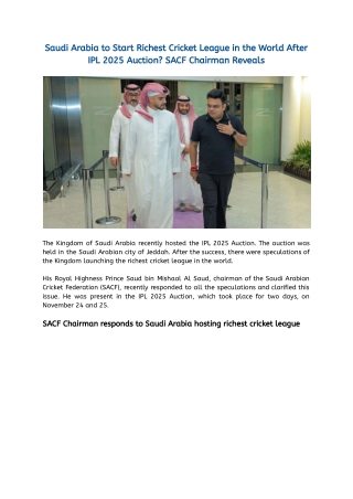 Saudi Arabia to Start Richest Cricket League in the World After IPL 2025 Auction