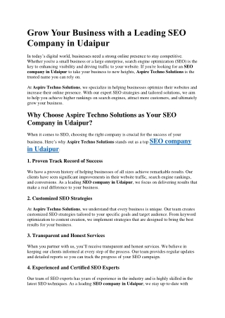 Grow Your Business with a Leading SEO Company in Udaipur