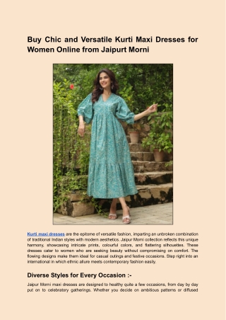 Buy Chic and Versatile Kurti Maxi Dresses for Women Online from Jaipurt Morni