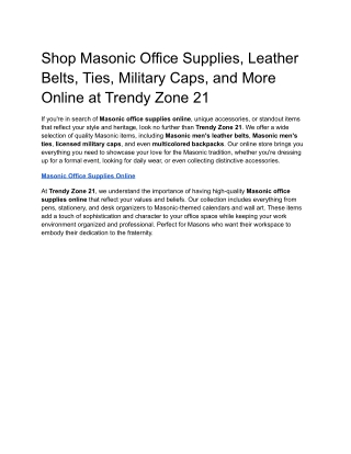 Shop Masonic Office Supplies, Leather Belts, Ties, Military Caps, and More Online at Trendy Zone 21