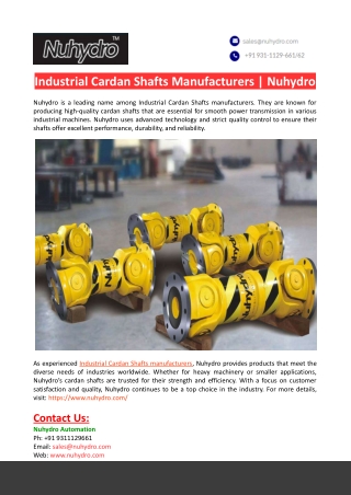 Industrial Cardan Shafts Manufacturers-Nuhydro