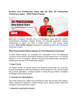 Achieve Your Professional Goals with the Best CS Professional Coaching in Jaipur – Rohit Patolia Classes