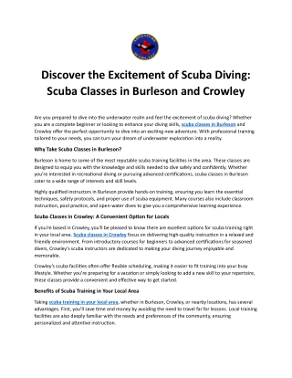 Discover the Excitement of Scuba Diving: Scuba Classes in Burleson and Crowley