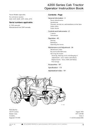 Massey Ferguson MF4200 Series (MF4225  MF4235  MF4245  MF4255  MF4260  MF4270) Tractor Operator Manual Instant Download