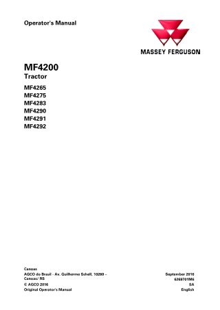 Massey Ferguson MF4200 Series (MF4265  MF4275  MF4283  MF4290  MF4291  MF4292) Tractor Operator Manual Instant Download