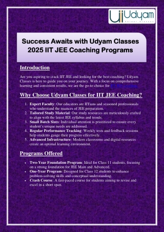 Success Awaits with Udyam Classes 2025 IIT JEE Coaching Programs