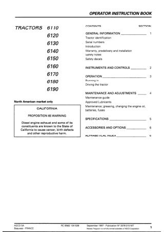 Massey Ferguson MF6110  MF6120  MF6130  MF6140  MF6150  MF6160  MF6170  MF6180  MF6190 Tractor Operator Manual Instant D