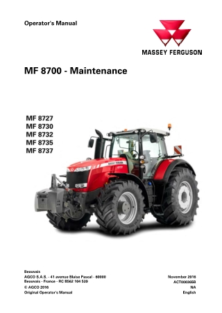 Massey Ferguson MF8727 MF8730 MF8732 MF8735 MF8737 Tractor Operator Manual Instant Download (Part No. ACT000365B)