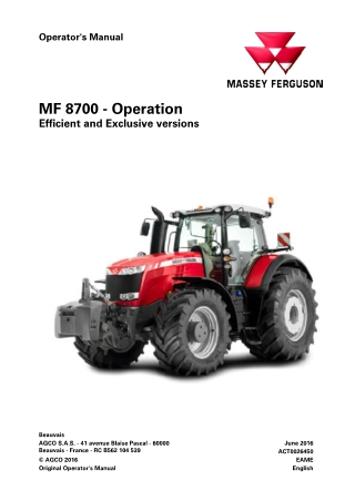 Massey Ferguson MF8730 MF8732 MF8735 MF8737 Efficient and Exclusive versions Tractor Operator Manual Instant Download (P
