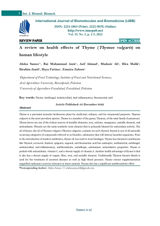 A review on health effects of Thyme (Thymus vulgaris) on human lifestyle