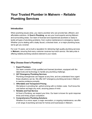 Reliable Plumbing Services in Malvern – Expert Solutions from Sven’s Plumbing