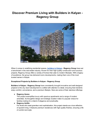 Discover Premium Living with Builders in Kalyan - Regency Group