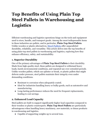 Top Benefits of Using Plain Top Steel Pallets in Warehousing and Logistics