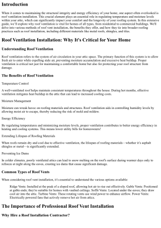 “Roof Ventilation Installation: Why It's Critical for Your Home”