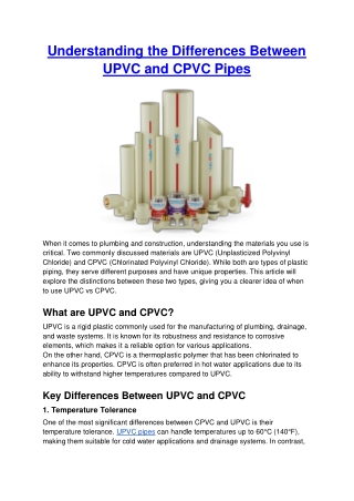 Understanding the Differences Between UPVC and CPVC Pipes