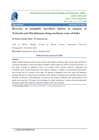 Diversity of halophilic mycoflora habitat in saltpans of Tuticorin and Marakkana