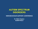 AUTISM SPECTRUM DISORDERS NSW BEHAVIOUR SUPPORT CONFERENCE Dr. Mark Clayton SUNNYFIELD
