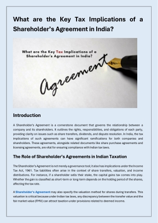 What are the Key Tax Implications of a Shareholder’s Agreement in India