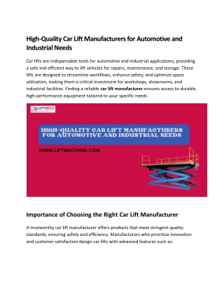 High-Quality Car Lift Manufacturers for Automotive and Industrial Needs