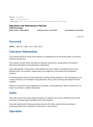 Caterpillar CAT 320C EXCAVATOR (BPR00001-UP) Operation and Maintenance Manual Instant Download