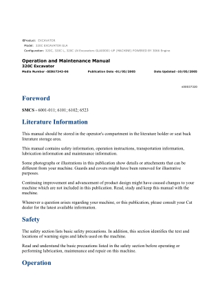 Caterpillar CAT 320C Excavators (GLA00001-UP) Operation and Maintenance Manual Instant Download