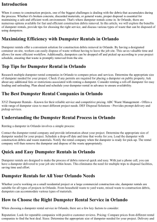 Dumpster Rentals for Fast and Efficient Construction Debris Removal in Orlando