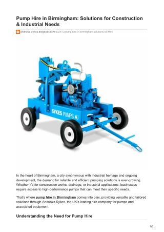 Pump Hire in Birmingham Solutions for Construction & Industrial Needs