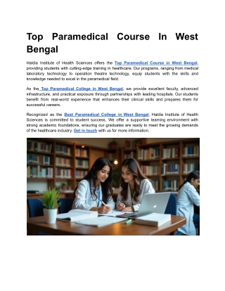 Top Paramedical Course In West Bengal