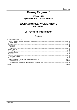 Massey Ferguson 1528  1531 hydrostatic Compact Tractor Service Repair Manual Instant Download (Part No. 4283034M2)