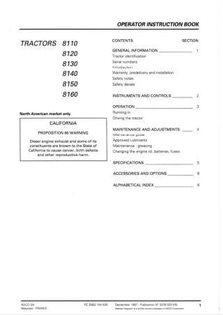 Massey Ferguson 8110 8120 8130 8140 8150 8160 Tractor Operator Manual Instant Download (Part No. 3378020M5)