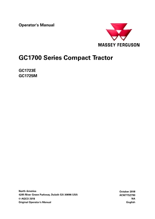 Massey Ferguson GC1723E  GC1725M Compact Tractor Operator Manual Instant Download (Part No. ACW7152790)