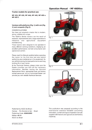 Massey Ferguson MF400Xtra Series (MF425  MF435  MF440  MF445  MF455e  MF435C) Tractor Operator Manual Instant Download (