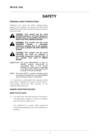 Massey Ferguson MF1519 MF1523 Tractor Operator Manual Instant Download (Part No. 1857611M1)