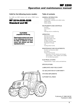 Massey Ferguson MF2210  MF2225  MF2235 Tractor Operator Manual Instant Download (Part No. 3662240M1)