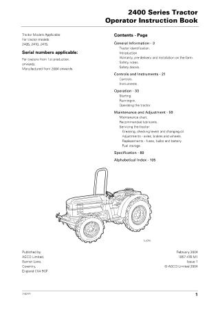 Massey Ferguson MF2400 Series (MF2405  MF2410  MF2415) Tractor Operator Manual Instant Download (Part No. 1857476M1)