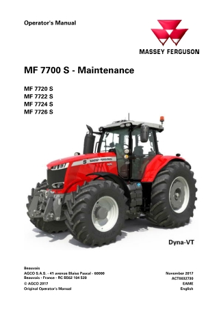 Massey Ferguson MF7700S Series (MF7720S  MF7722S  MF7724S  MF7726S) Tractor Operator Manual Instant Download (Part No. A