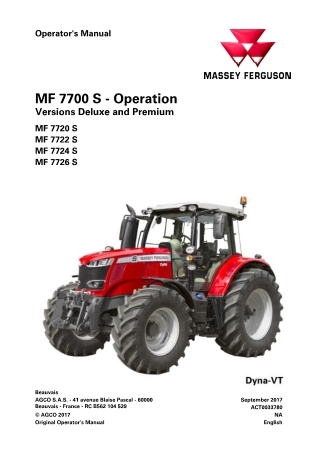 Massey Ferguson MF7720S  MF7722S  MF7724S  MF7726S Versions Deluxe and Premium Tractor Operator Manual Instant Download
