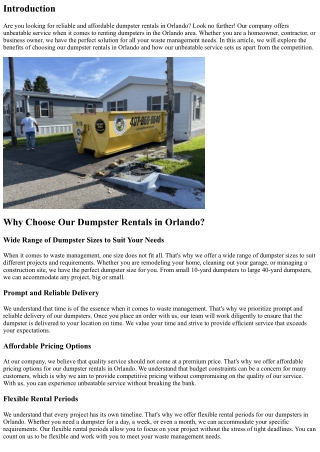 Experience Unbeatable Service with Our Dumpster Rentals in Orlando.