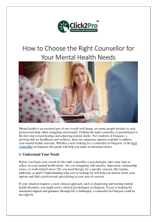 How to Choose the Right Counsellor for Your Mental Health Needs