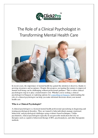 The Role of a Clinical Psychologist in Transforming Mental Health Care