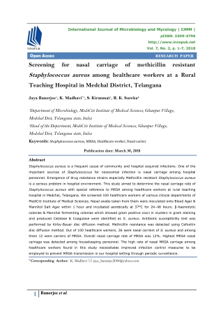 Screening for nasal carriage of methicillin resistant Staphylococcus aureus