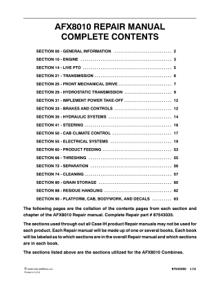CASE AFX8010 Combines Service Repair Manual Instant Download (Part Number 87543035)
