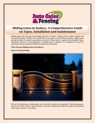 Sliding Gates in Sydney A Comprehensive Guide on Types, Installation and maintenance