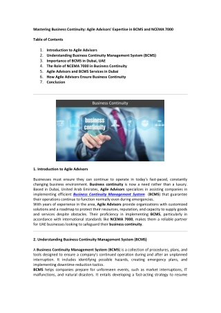 Mastering Business Continuity: Agile Advisors' Expertise in BCMS and NCEMA 7000
