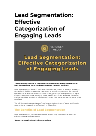 Lead Segmentation Effective Categorization of Engaging Leads